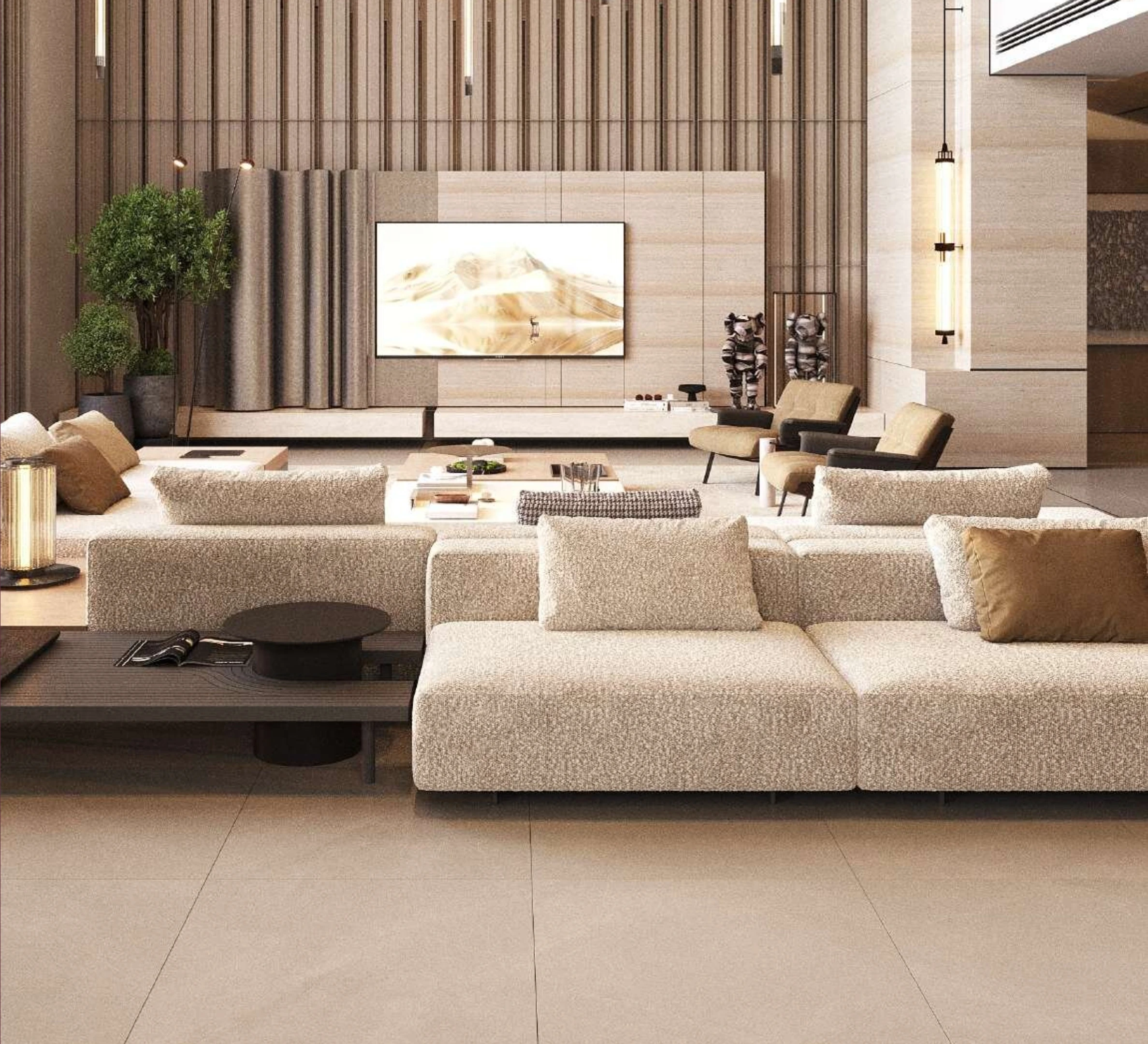 Refined living room with natural stone, warm timber, soft upholstery and detailed architectural lighting, from the company profile