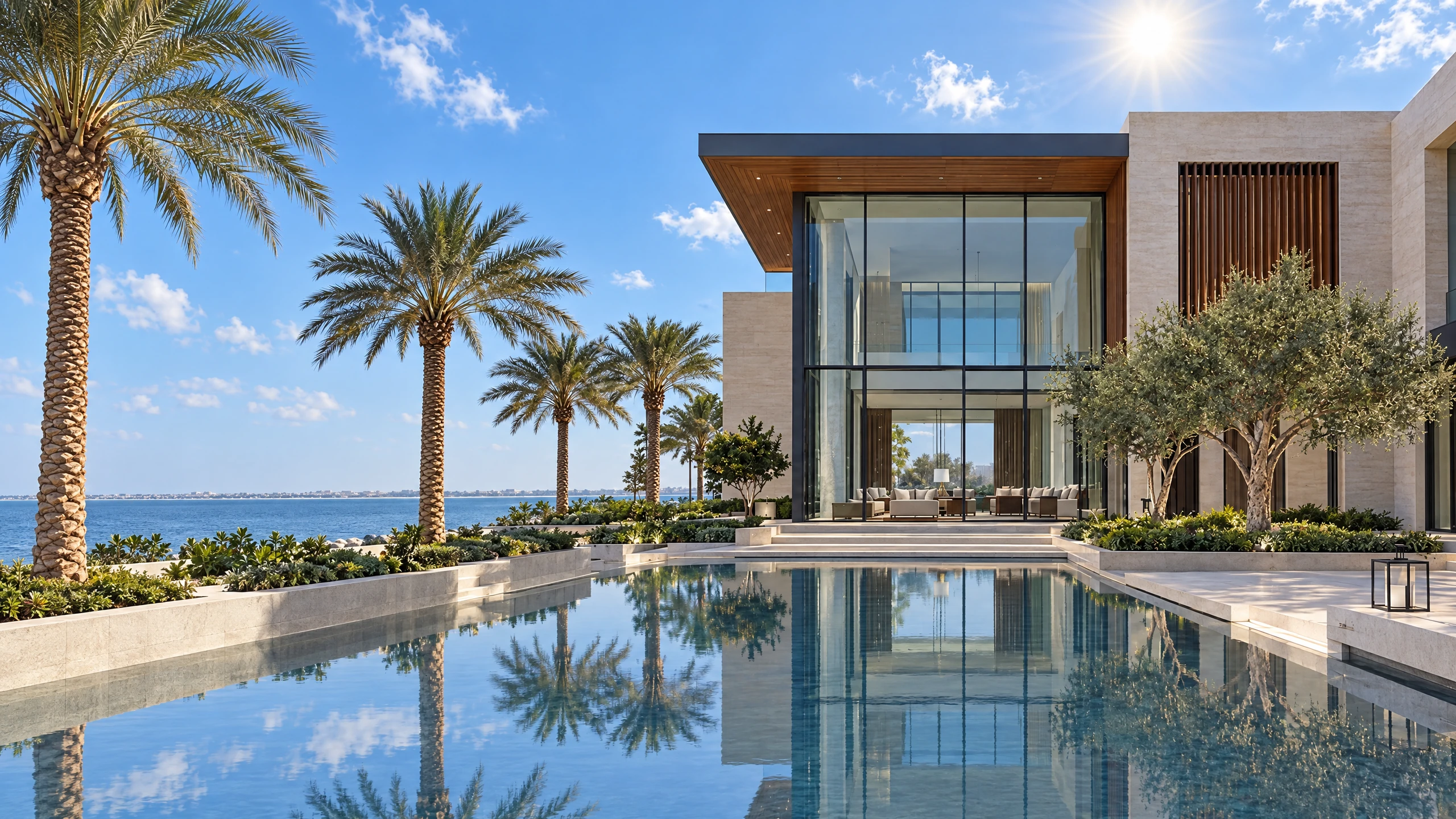 The same Nationwide Group waterfront villa transitions from sunny morning with clouds to sunset and moonlit night; the villa lights gradually illuminate as you scroll