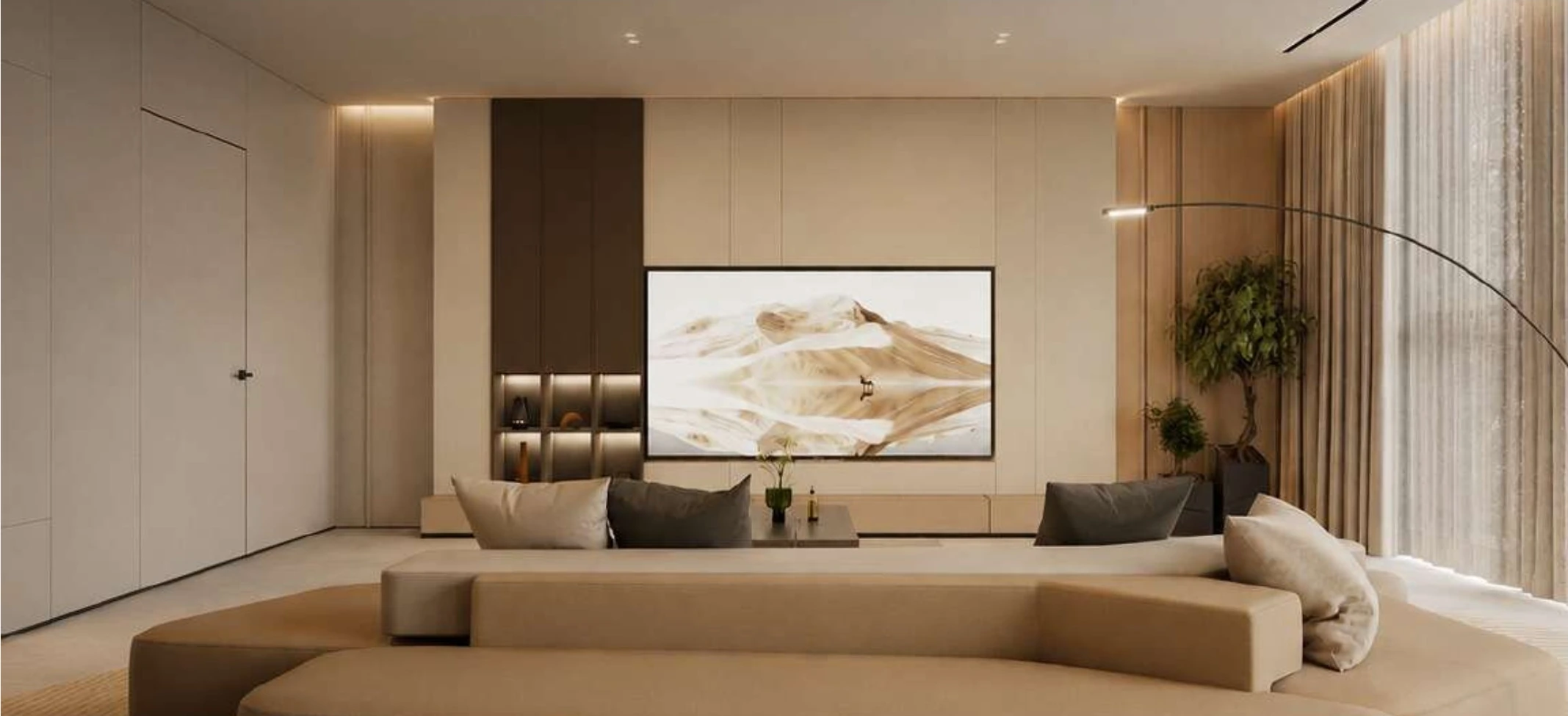 Private Villa — Yas Island: A warm neutral palette, custom built-ins, soft hidden lighting and an open living experience carried through every room.